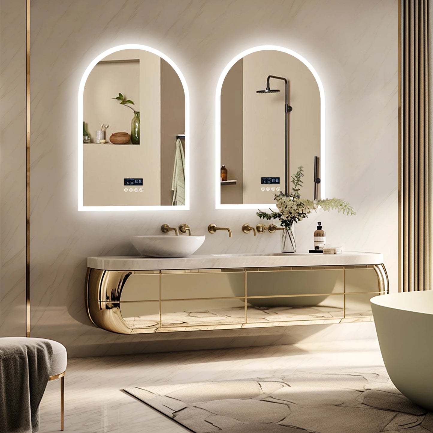 LUVODI Arched Bluetooth Bathroom Mirror with LED Backlight Dimmable Fogless Vanity Mirror with Time And Temperature Display
