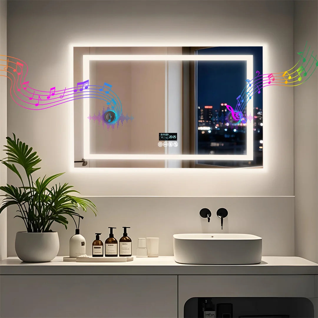 Rectangle Bluetooth Lighted Bathroom Mirror, Illuminated Smart Vanity Mirror with NdFeB Speaker and Time Temperature Display