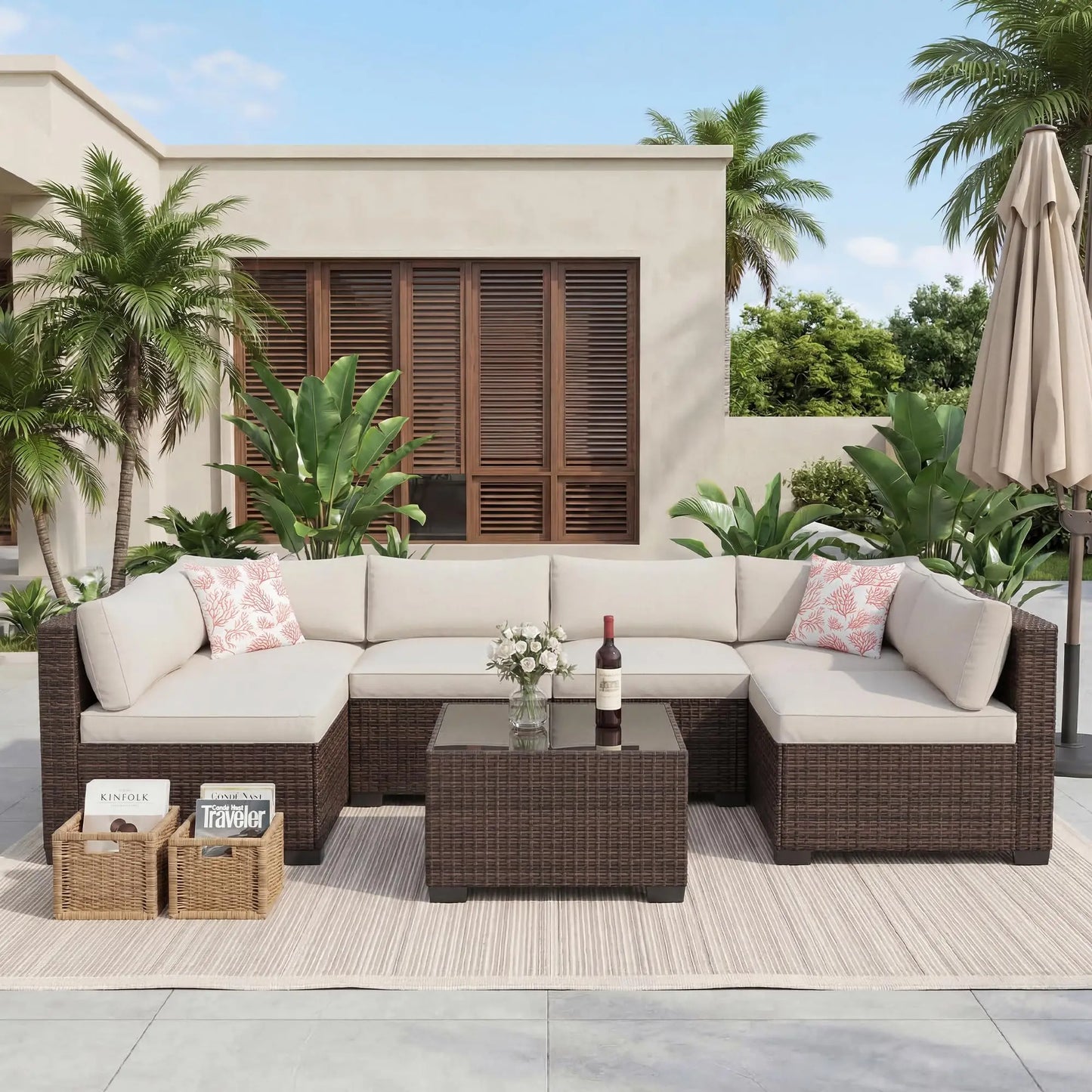 7-Piece Outdoor Patio Furniture Sectional Sofa Set With Ottoman & Storage Table, PE Wicker Conversation Set Poolside Backyard