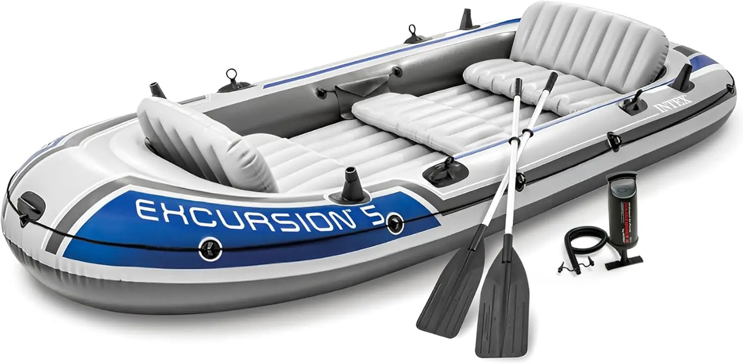 5 Person Inflatable Boat Set - Large 1,300 Lb Capacity Fishing Raft with Oars, Pump, Rod Holders
