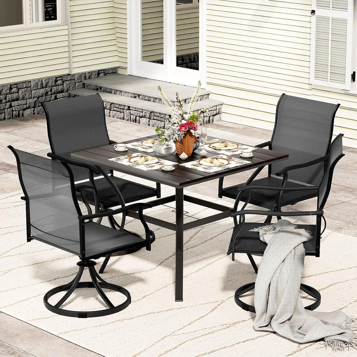 5 Piece Outdoor Patio Dining Set with 4 Swivel Dining Chairs & 1 Large Round Dining Table,Bistro Furniture Set for, Customized