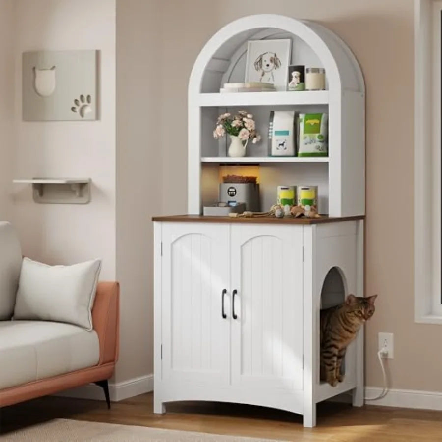 70.8in Large Hidden Cat Litter Box Furniture with Shelves High-Gloss Modern Litter Box Enclosure for Self-Cleaning Litter Boxes