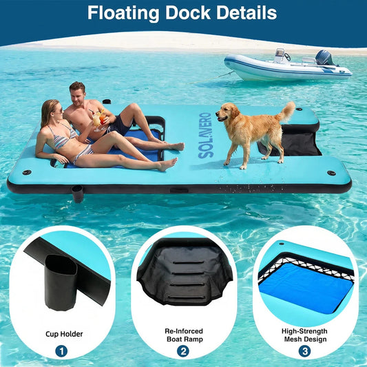 Inflatable Floating Dock, Portable Inflatable Platform With Cupholder, Repair Kit & Carry Bag, Heavy Duty Pool Float Raft for Swimming, Lake, Pool, Beach