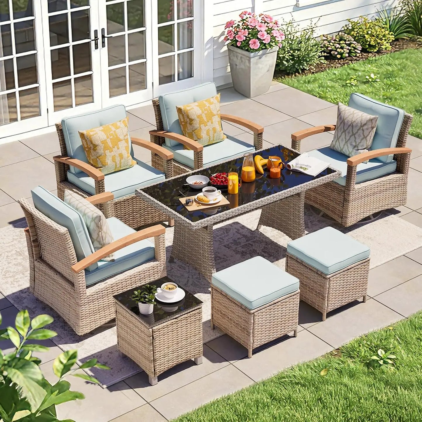 8 Pieces Patio Furniture Sets, PE Wicker Outdoor Conversation Sets with 2 Wood Armrests Swivel Rocker Chairs, 2, Customized