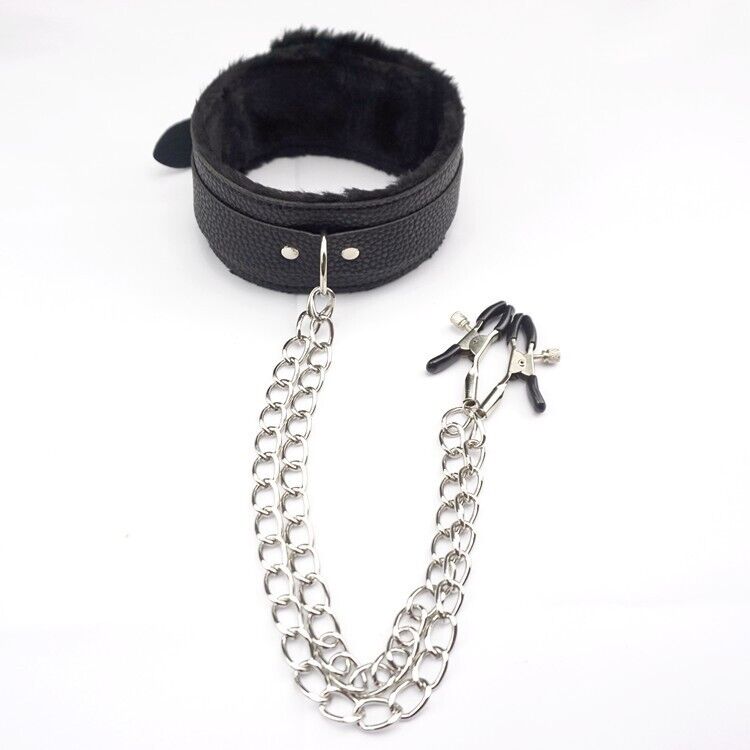 Classic PU Leather Collar And Alloy Nipple Clamps Set