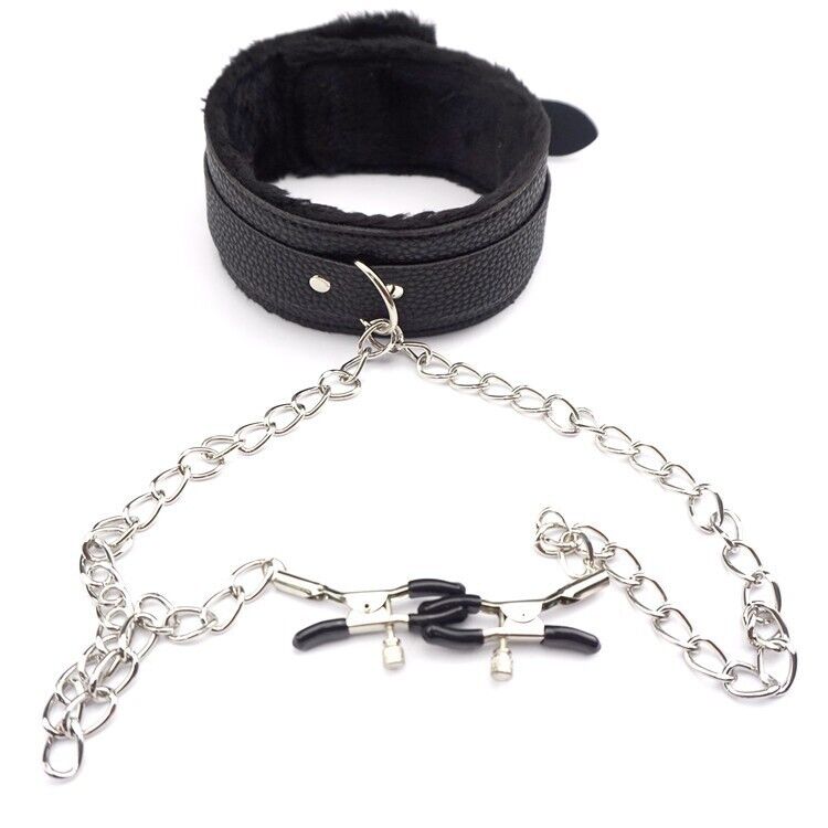 Classic PU Leather Collar And Alloy Nipple Clamps Set