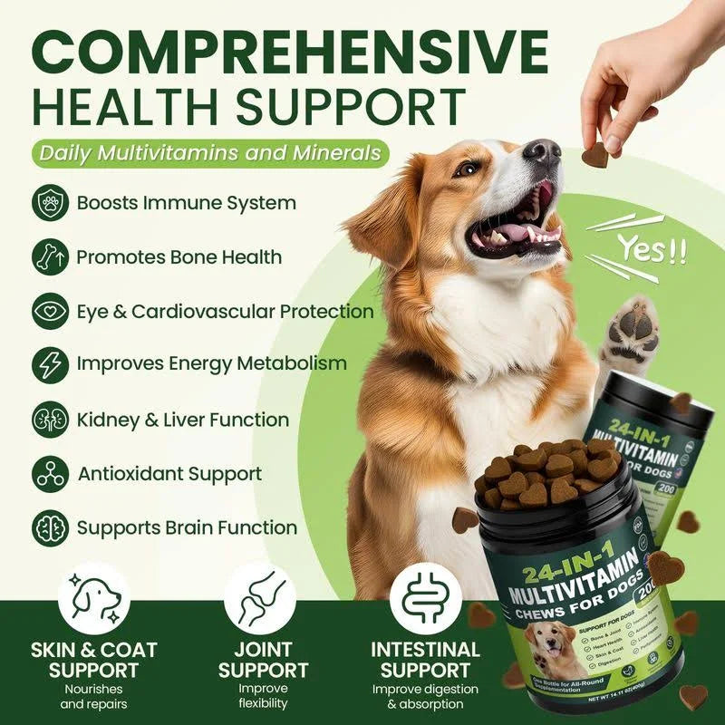 Multivitamin-Kautabletten für Hunde, Nahrungsergänzungsmittel mit Glucosamin und Chondroitin für Immunsystem, Mobilität, Energie, Herzgesundheit, Haut und Fell, Allergien, Hüft- und Gelenkunterstützung sowie Verdauung, 120 Stück