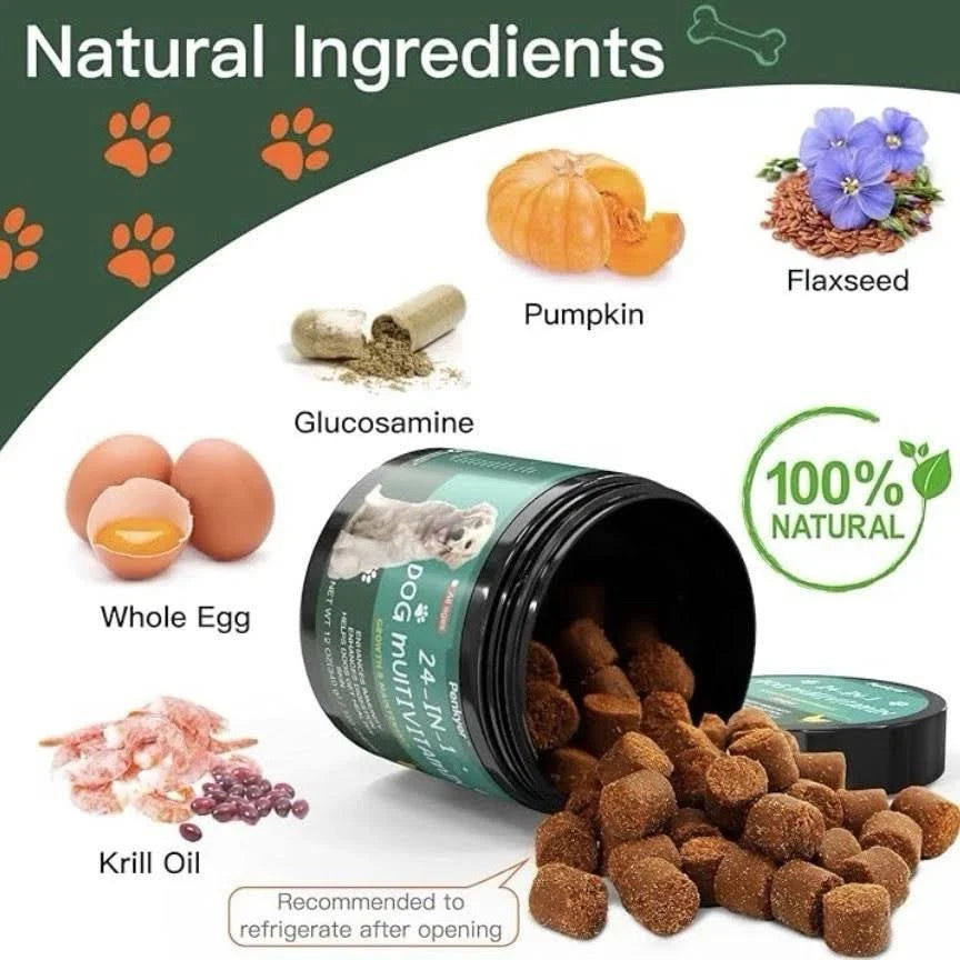 Multivitamin-Kautabletten für Hunde, Nahrungsergänzungsmittel mit Glucosamin und Chondroitin für Immunsystem, Mobilität, Energie, Herzgesundheit, Haut und Fell, Allergien, Hüft- und Gelenkunterstützung sowie Verdauung, 120 Stück