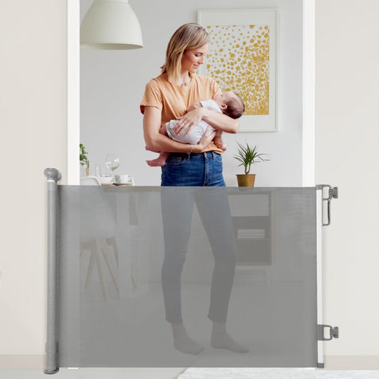 Barrière de sécurité rétractable pour bébé/chien, barrière en filet, extensible jusqu'à 140 cm de large et 84 cm de haut, adaptée aux escaliers/couloirs/intérieur et extérieur (gris)